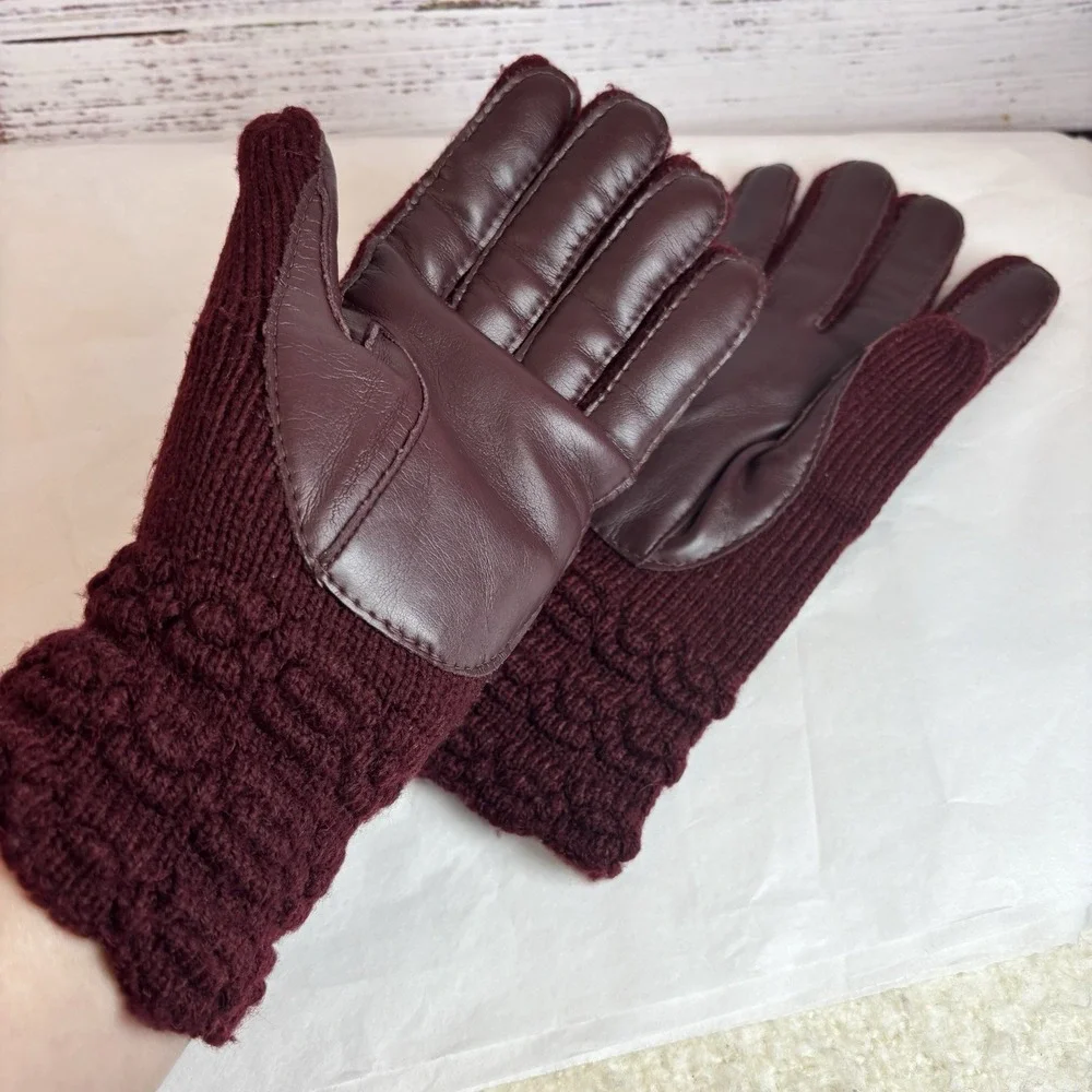 Vintage Leather‎ & Knit Driving Gloves Burgundy Maroon M/L Fancy Retro Mid Mod